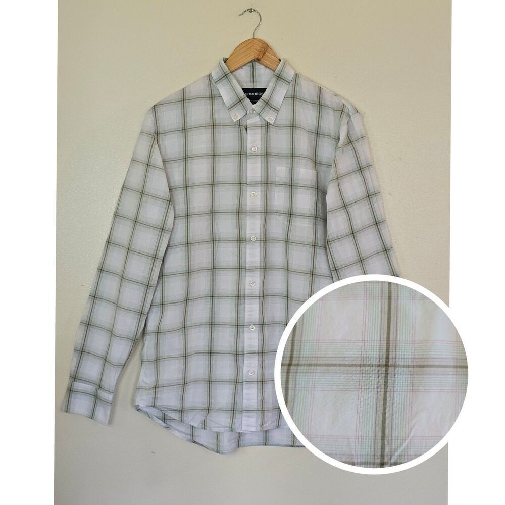 Bonobos Tailored Fit Shirt Mens Size Large Long Green White Plaid Button Down - Picture 14 of 14
